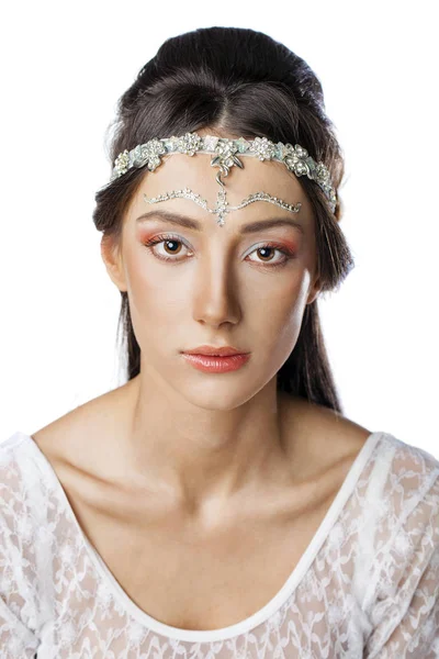 Glamor close up portrait of a young woman on a white background — Stock Photo, Image