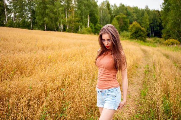 Retrato de una joven sobre un fondo de campo de trigo dorado — Foto de Stock