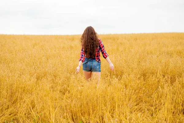 Junge schöne Frau, die in einem Feld spaziert, Sommer im Freien — Stockfoto