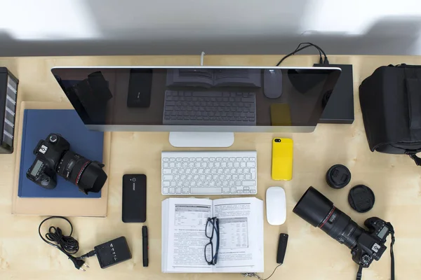 Working office desk top view. Photography equipment