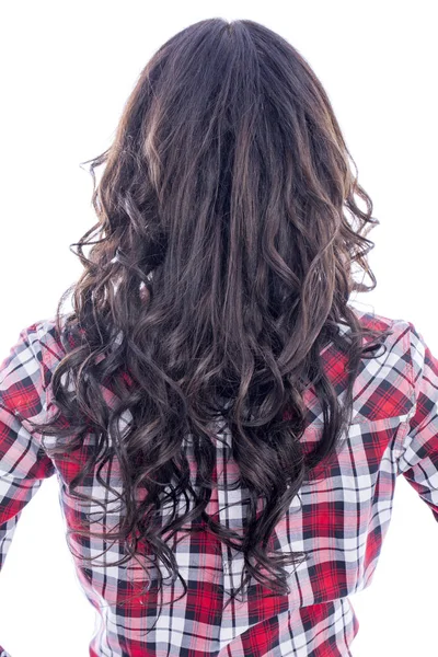 Kobiet długo falowane włosy brunetka, widok z tyłu — Zdjęcie stockowe