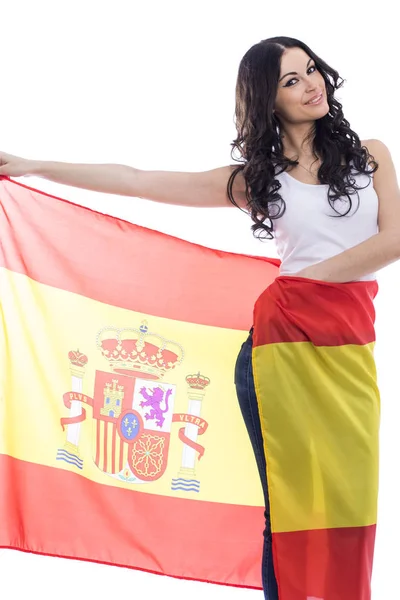 Jeune femme sur le fond du drapeau espagnol — Photo