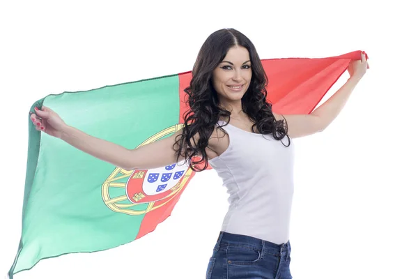 Jovem segurando uma grande bandeira de Portugal — Fotografia de Stock