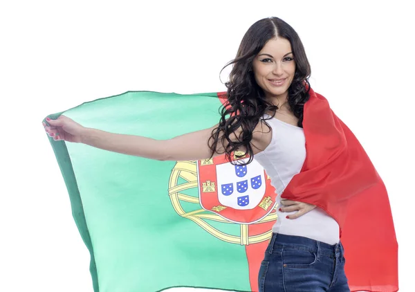 Mujer joven con una gran bandera de Portugal — Foto de Stock