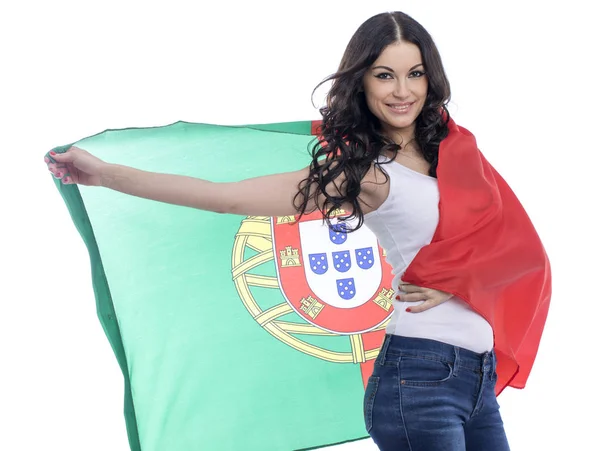 Jovem segurando uma grande bandeira de Portugal — Fotografia de Stock