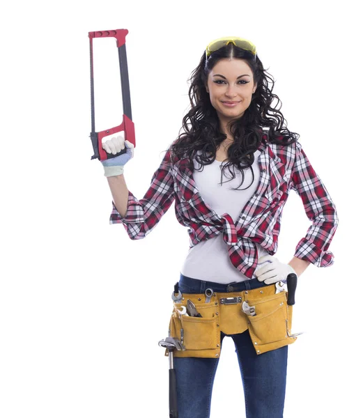 Sexy brunette woman mechanic with a wrench — Stock Photo, Image