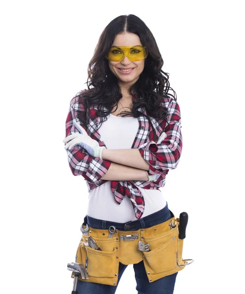Szexi barna nő szerelő a sárga biztonsági szemüveg — Stock Fotó
