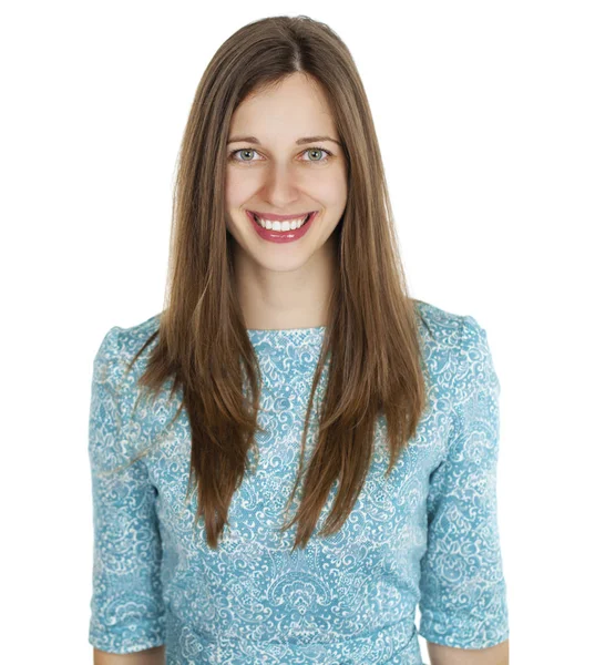 Portret van een mooie jonge vrouw in een turquoise jurk op whit — Stockfoto