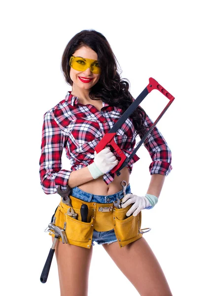 Sexy brunette woman mechanic with a wrench — Stock Photo, Image