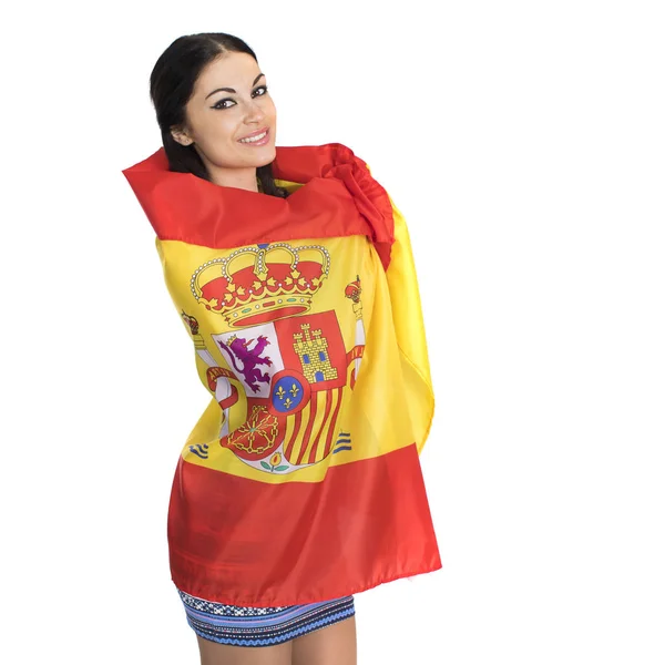 Junge Frau auf dem Hintergrund der spanischen Flagge — Stockfoto