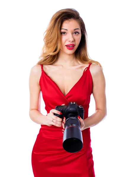 Happy photographer woman holding camera, isolated on white backg — Stock Photo, Image