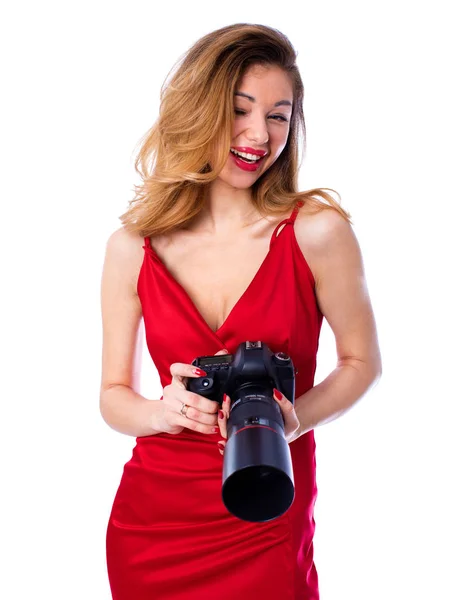 Happy photographer woman holding camera, isolated on white backg — Stock Photo, Image