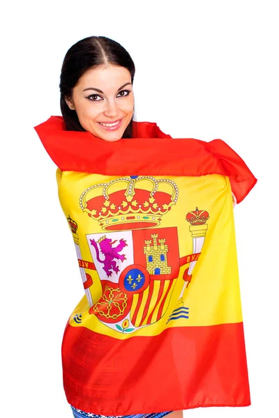 Junge Frau auf dem Hintergrund der spanischen Flagge — Stockfoto