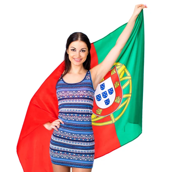 Mujer joven con una gran bandera de Portugal —  Fotos de Stock