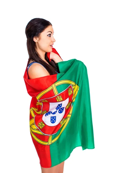 Giovane donna con una grande bandiera del Portogallo — Foto Stock