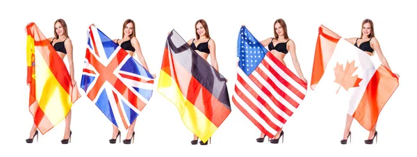 Collage joven hermosa morena mujer sosteniendo una gran bandera de S — Foto de Stock