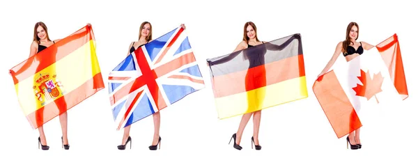 Collage junge schöne brünette Frau mit einer großen Flagge von s — Stockfoto