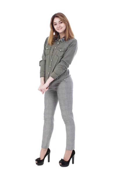 Young beautiful blonde woman in gray trousers — Stock Photo, Image
