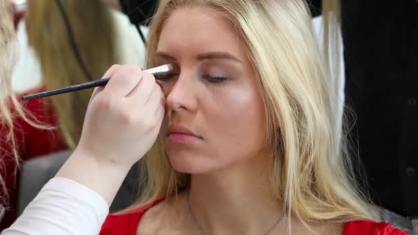 Makeup, professionell maskör arbetar på en modell — Stockvideo
