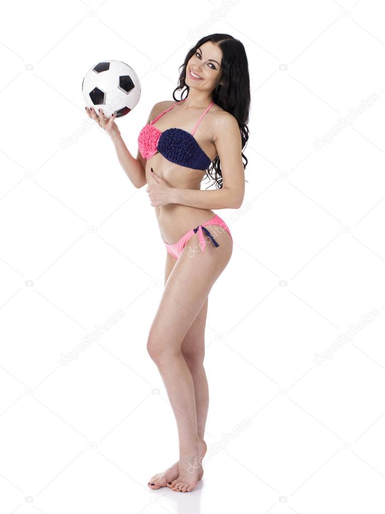 Full length beautiful slim tanned woman in bikini, isolated on w