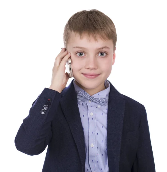 Portret młodego chłopca z jego nowy telefon komórkowy — Zdjęcie stockowe