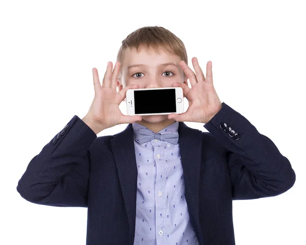 Portret van een jonge jongen met zijn nieuwe mobiele telefoon — Stockfoto