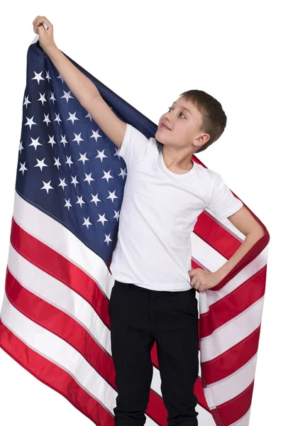 Kaukaski małego chłopca z amerykańską flagę — Zdjęcie stockowe
