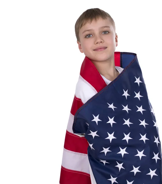 Kaukaski małego chłopca z amerykańską flagę — Zdjęcie stockowe