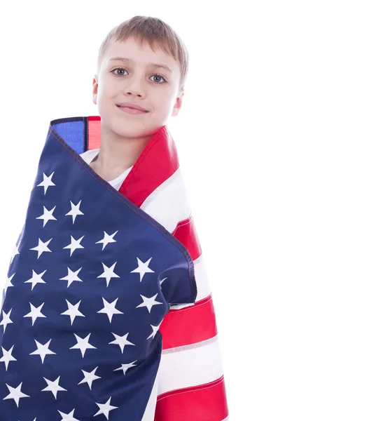 Petit garçon blanc avec drapeau américain — Photo