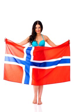 Norveç'in büyük bir şeffaf bayrak tutan mutlu kadın