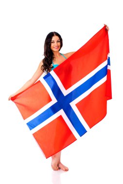 Norveç'in büyük bir şeffaf bayrak tutan mutlu kadın