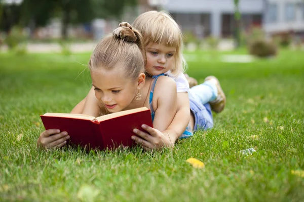 Bedårande söt liten flicka som läser bok utanför på gräs — Stockfoto