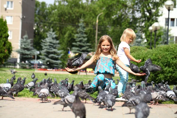 Niña feliz alimentando palomas en la calle de la ciudad —  Fotos de Stock