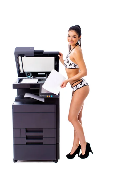 Sexy young beautiful woman in bikini making copies — Stock Photo, Image