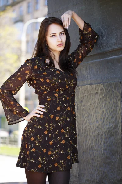 Beautiful brunette woman in sexy brown dress — Stock Photo, Image