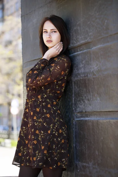 Красивая брюнетка в сексуальном коричневом платье — стоковое фото