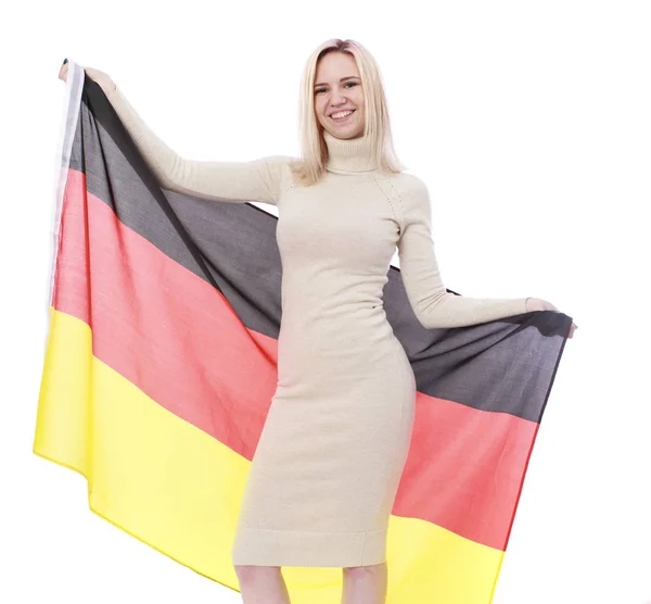 Jonge vrouw houdt een duidelijke vlag van Duitsland — Stockfoto