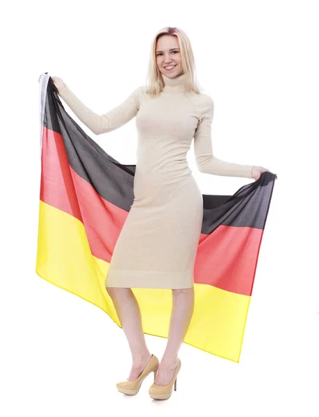 Young woman holds up a clear flag of Germany — Stock Photo, Image