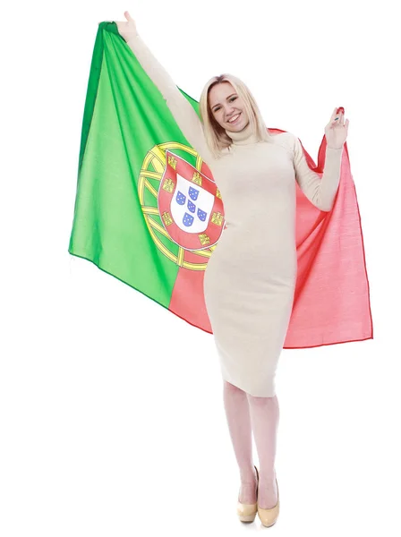 Beautiful blonde woman holding a large Portuguese flag — Stock Photo, Image