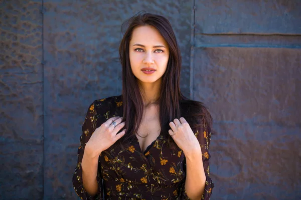 Beautiful brunette woman in sexy brown dress — Stock Photo, Image