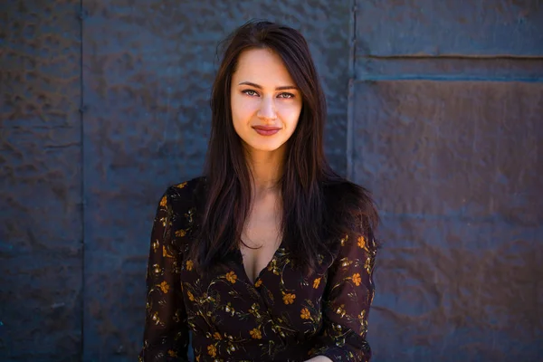 Beautiful brunette woman in sexy brown dress — Stock Photo, Image