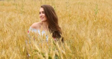 Bir buğday alan arka planda poz genç güzel kız 