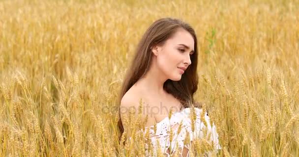 Menina bonita jovem posando contra um fundo de campo de trigo — Vídeo de Stock