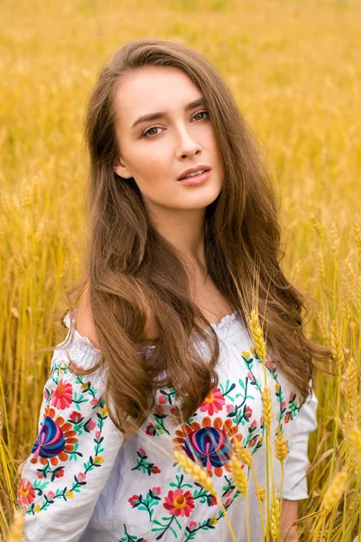 Altın buğday alan arka plan üzerinde genç bir kız portresi