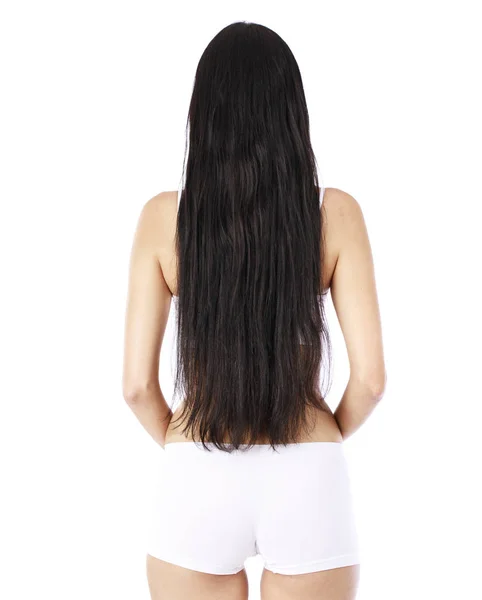 Kobiet długo falowane włosy brunetka, widok z tyłu — Zdjęcie stockowe