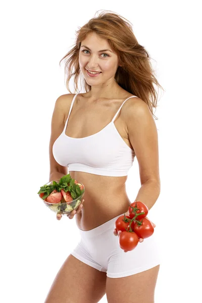 Bela mulher loira em roupas de fitness branco — Fotografia de Stock
