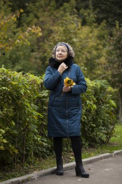 Bir sonbahar Park gri saçlı yaşlı kadın