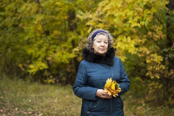 Mulher idosa de cabelos grisalhos em um parque de outono — Fotografia de Stock