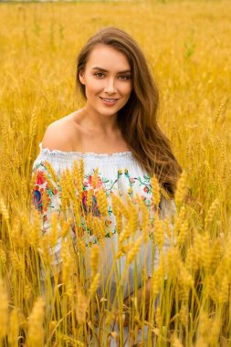 Altın buğday alan arka plan üzerinde genç kadın