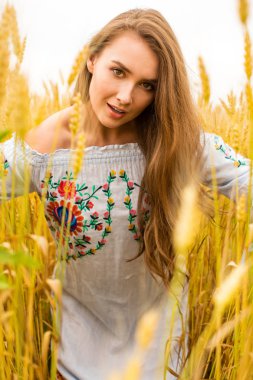 Altın buğday alan arka plan üzerinde genç kadın